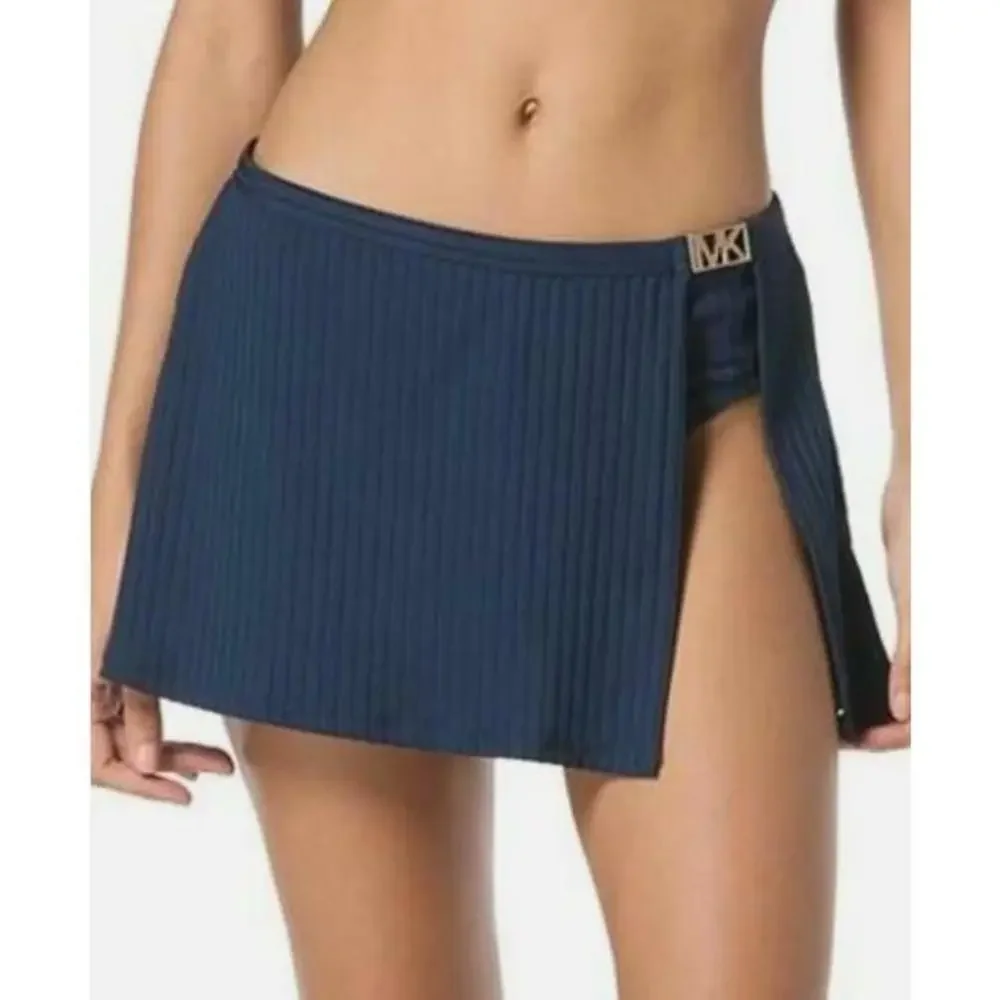 Michael Kors Women's Blue Ribbed Side-Slit Swim Skirt XS
